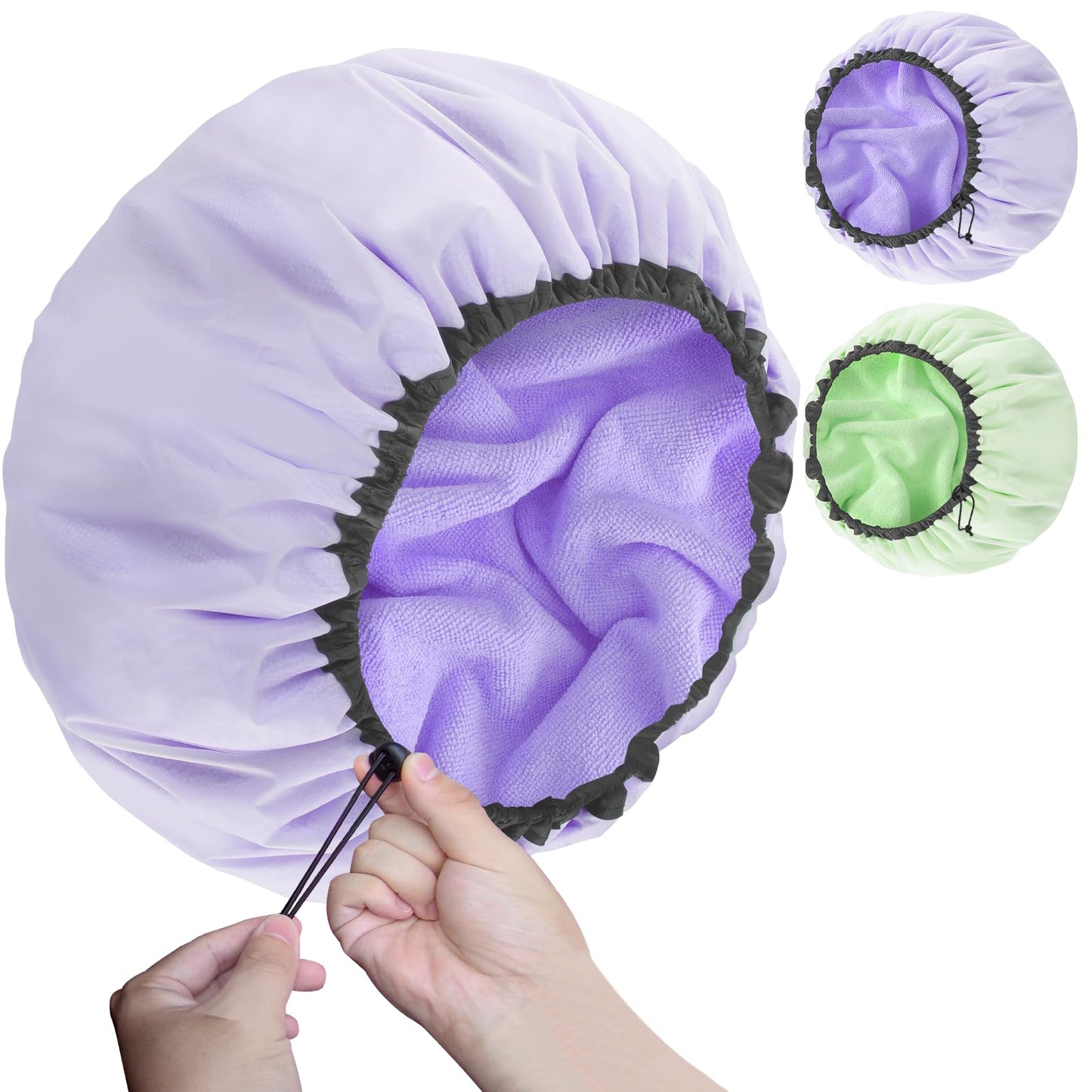 Sheomern 2 Pcs 13.5" Dual Waterproof Design Adjustable Terry Shower Cap for Women and Men, EVA Double Layer Bath Cap Reusable for Braids, Long Hair, Dreadlocks
