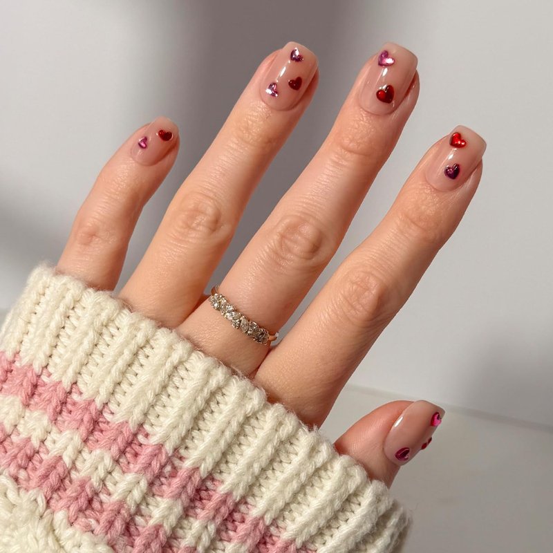 Glamnetic Press On Nails - Short Squoval Fake Nails with 3D Red & Pink Gemstone Hearts | 15 Sizes - 30 Nail Kit with Glue