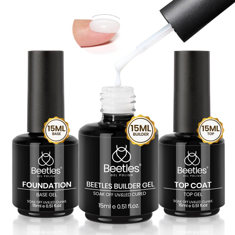 Beetles Builder Nail Gel & Top Coat and Base Coat Set-3Pcs 15ml White Gel Nail Polish Strengthener Gel Polish Soak Off UV LED for Nail Extension, Nail, Shine Effect Long Lasting