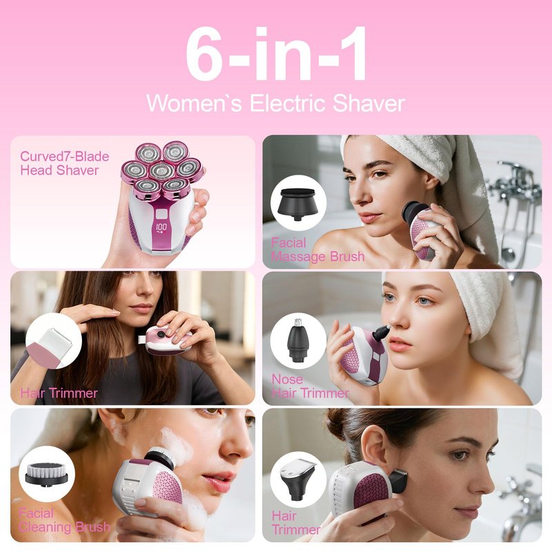 Electric Razors for Women, 7D Shavers for Women with LED Display, Rechargeable Waterproof Electric Shaver, 5-in-1 Multi-Function Body Hair Shaver Grooming Kit for Legs/Face/Armpits/Bikini(Pink)