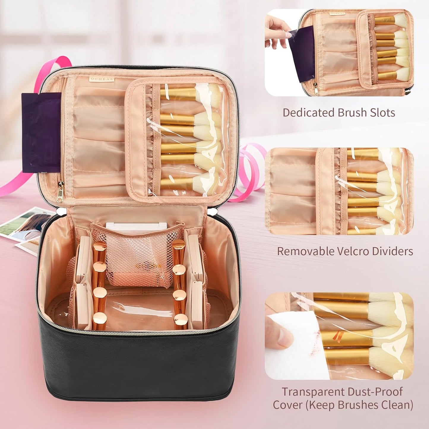 Travel Makeup Bag Organizer - Large Capacity Cosmetic Case with Divider & Handle | Black