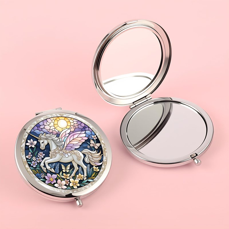 Silver Compact Mirror, 2.8x2.8inch Double-Sided Folding Makeup Mirror with Winged Unicorn Design, Ideal Gift for Women