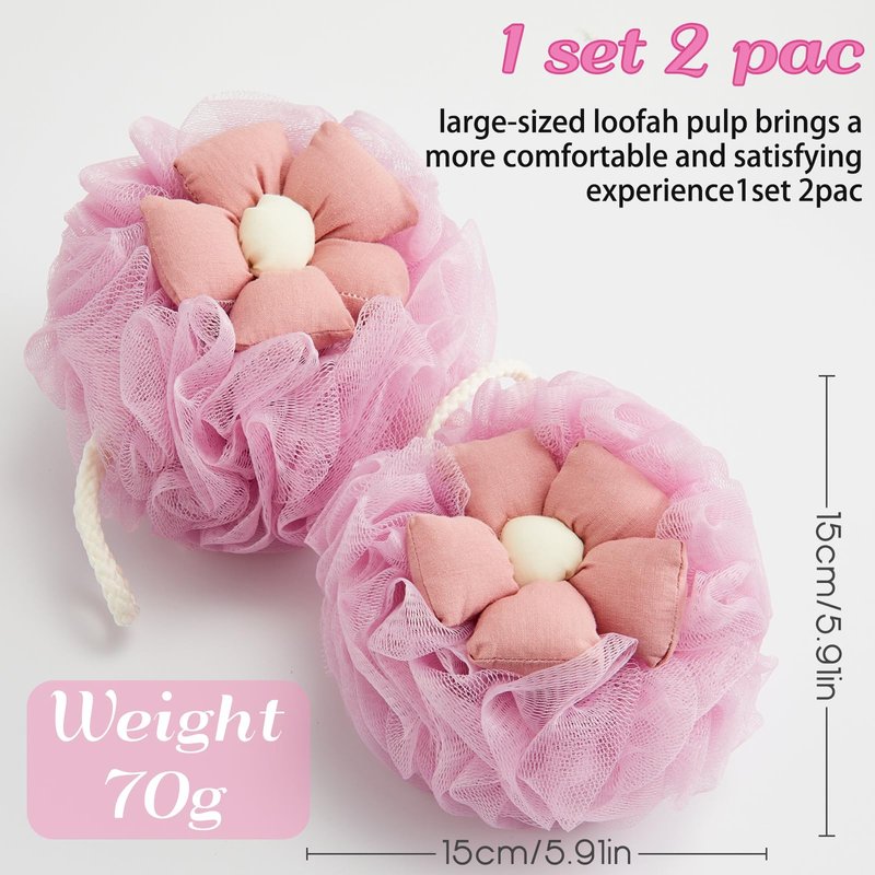 Afarnook 2 Pack Cute Flower Loofah for Women, Bath Loofah Sponge, Mesh Pouf Flower Body Scrubber, Exfoliating Shower Sponge, Bath Scrubber for Sensitive Skin in Beauty Bathing Accessories(Pink)