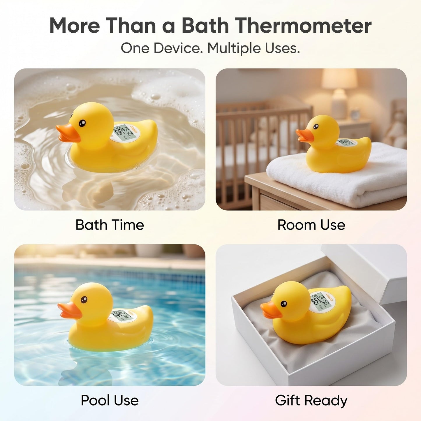 Baby Bath Thermometer with Smart Temperature Alert, Accurate Digital Water Thermometer, Adjustable High Temp Alert for Newborns, Floating Duck Toy with Timer, LED & Sound Alarm, BPA-Free, Waterproof
