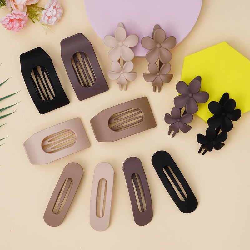Flat Hair Clips for Women - 12 Pack Matte Neutral Square Claw Clips | Soft Touch Barrettes & Flower Pins in Black, Blonde, Brown