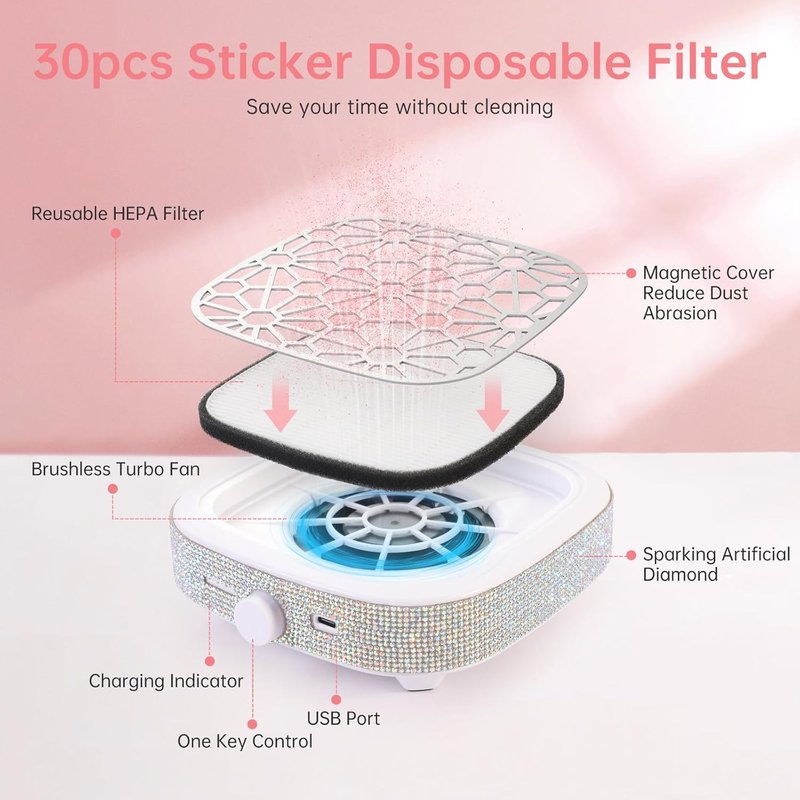 Nail Dust Collector, Cordless Dust Collector Nail Tech, Compact Powerful 6000RPM Nail Vacuum Fan Rechargeable Dust Extractor for Acrylic Gel Polish Manicure Pedicure for Home