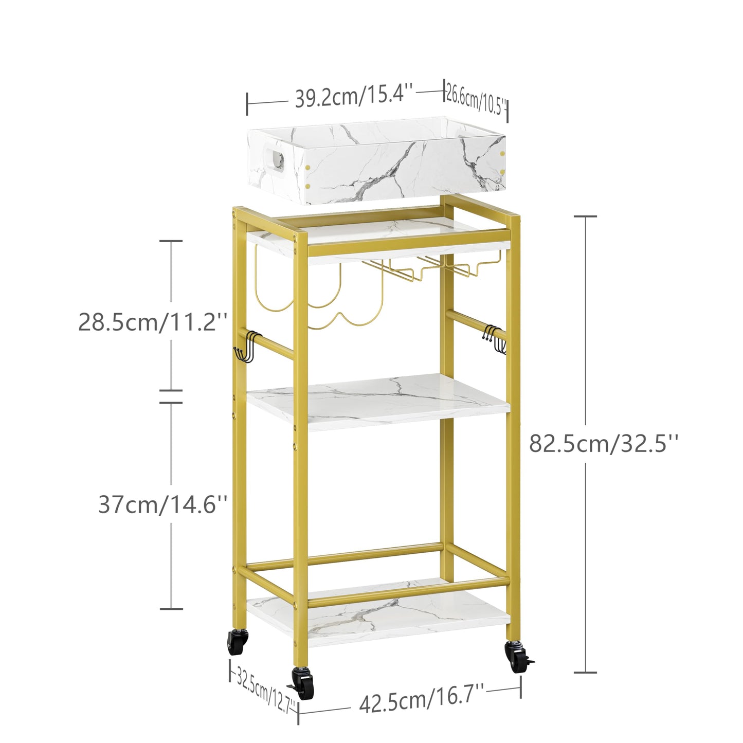 YAUKTAK 3-Tier Gold Bar Cart with Removable Tray, Small Bar Carts with Wheels, Rolling Beverage Cart, Drink Cart, Gold Wine Cart with Wine Rack for Kitchen, Living Room GBC513G