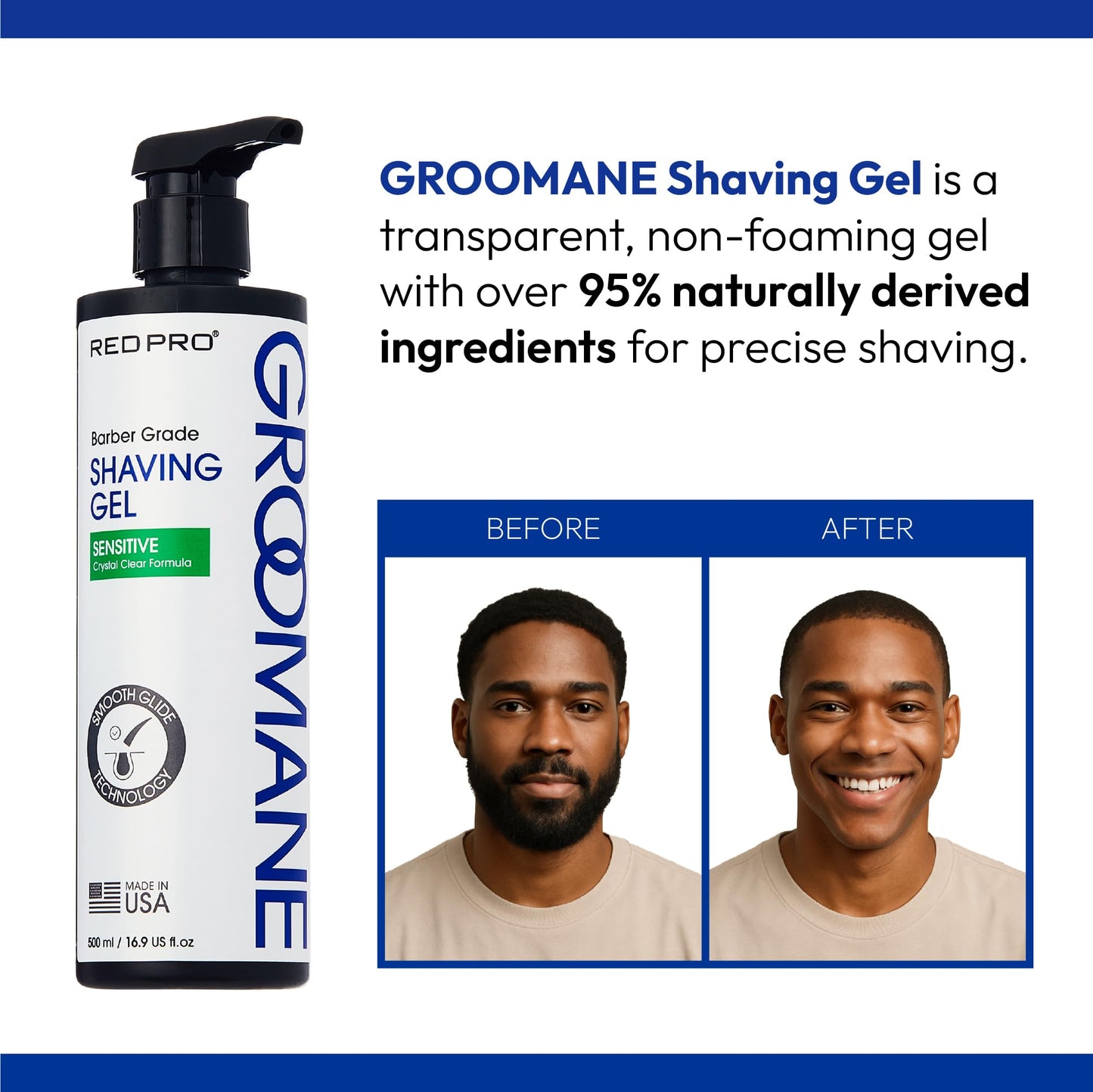 RED Pro GROOMANE Barber-Grade Shaving Gel for Men, Non-Foaming Clear Aloe Vera Shave Gel, Smooth Razor Glide, Precision Line-Ups, Anti-Irritation, Normal & Sensitive Skin (16.9 Fl.oz, Sensitive)