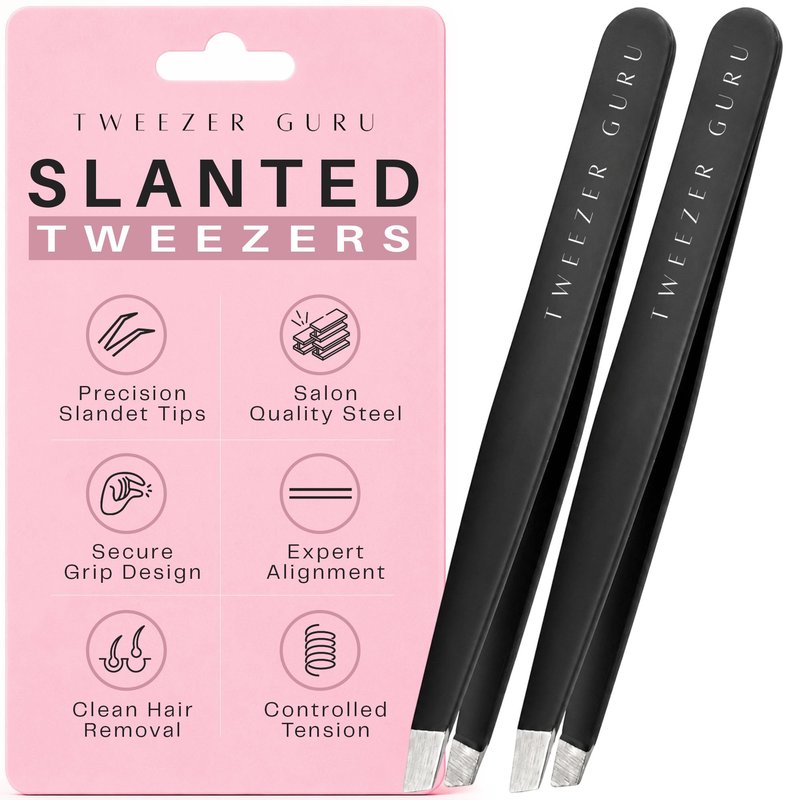 Tweezer Guru Tweezers for Women Facial Hair & Men – Precision Slant-Pointed Eyebrow Tweezer for Ingrown Hair, Blackhead & Splinter Removal (2 Black)