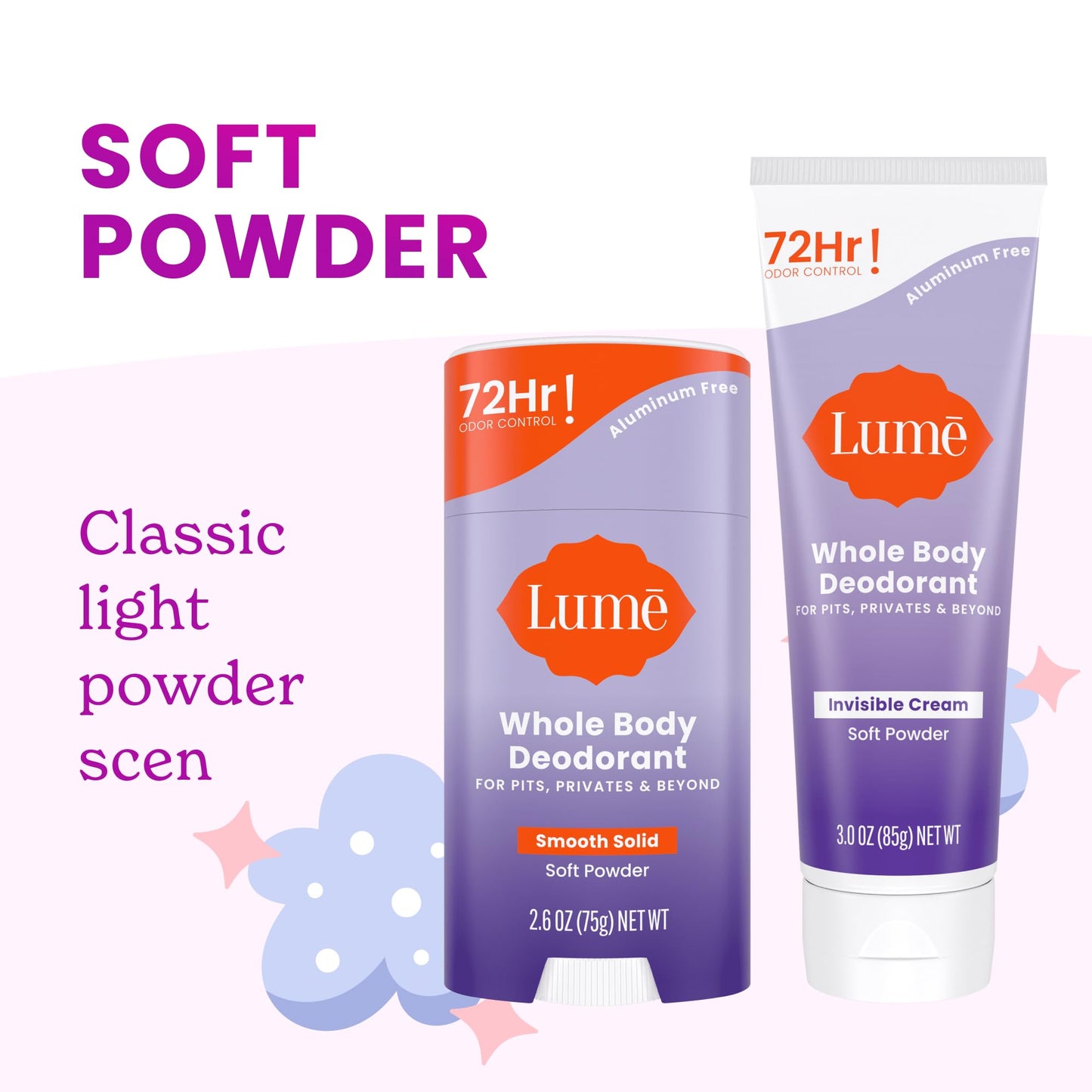 Lume Whole Body Deodorant - Invisible Cream - 72 Hour Odor Control - Aluminum Free, Baking Soda Free, Skin Safe - 3.0 Ounce Tube and 2.6 Ounce Solid Stick Bundle (Soft Powder)