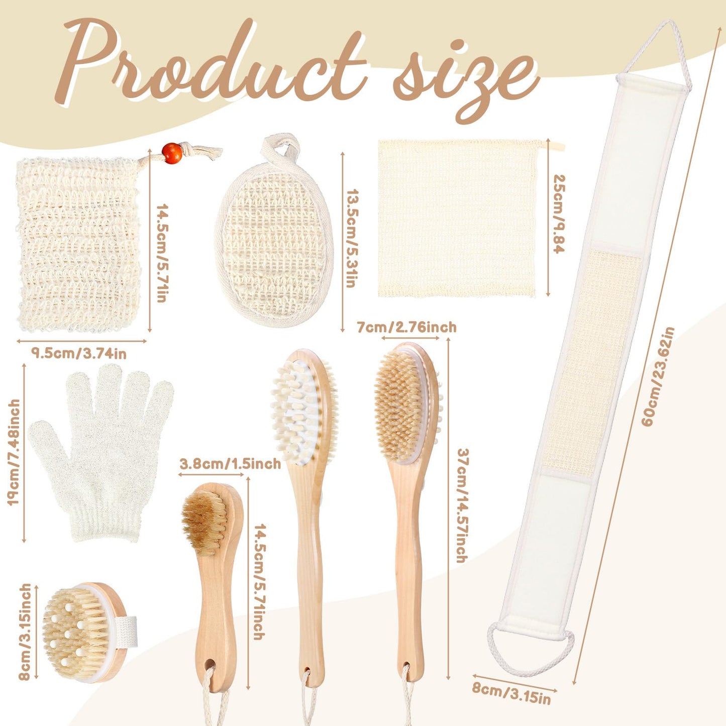 Geelin 8 Pcs Natural Loofah Exfoliating Body Scrubber Set Natural Sisal & Loofah Sponges Wooden Brushes for Dry Brushing Shower Scrubbing, Luffa Sponge to Clean Your Body and Back Deeply