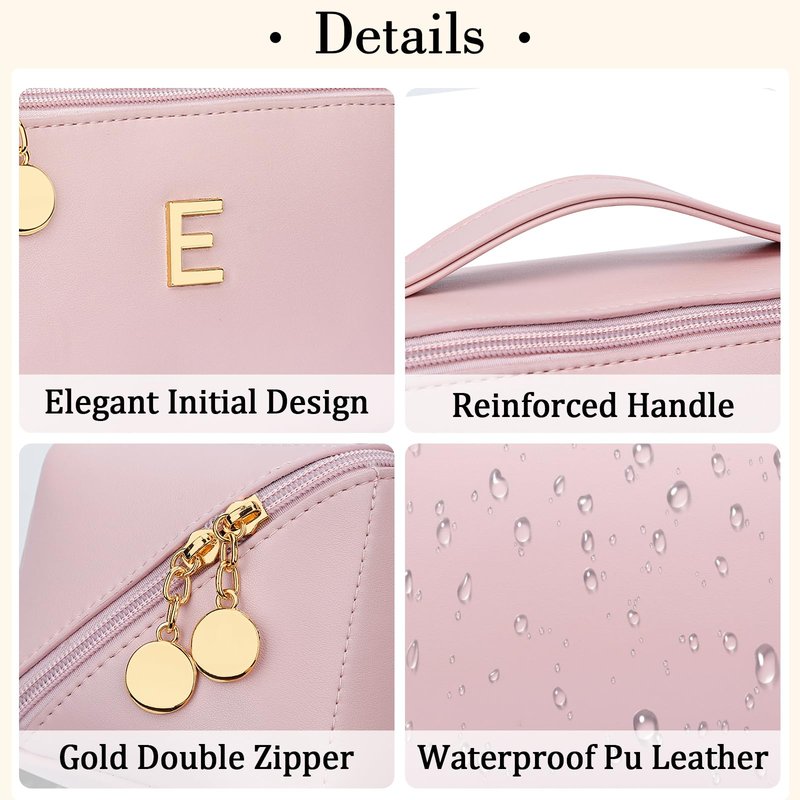 CLOUDWINGS Initial Makeup Bag Gifts for Women Bridesmaid Gifts Travel Toiletry Personalized PU Leather Waterproof Cosmetic Bag (Large-Pink-E)