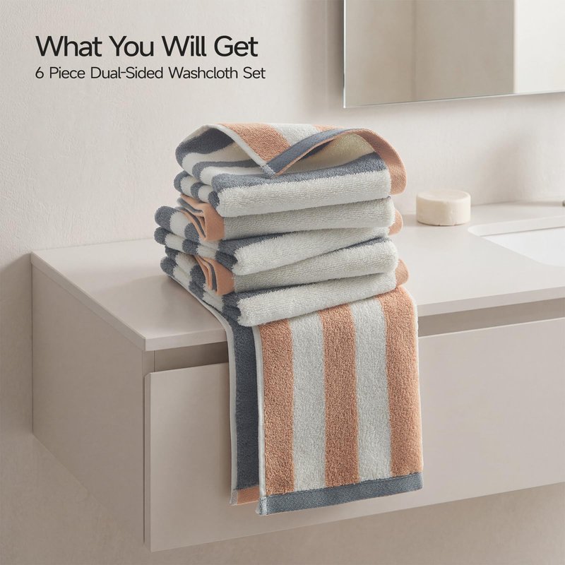 REDKISS 6 Pack Striped Wash Cloths - 13 x 13 Inch 100% Cotton Washcloths Set, Super Soft and Highly Absorbent Face Towels for Bathroom, Showering, Kitchen, Gym, Spa, Gray