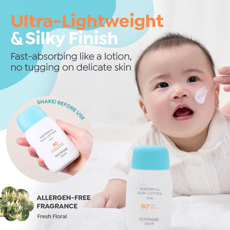 GOONGBE Waterful Sun Lotion Mild SPF 40 - Zinc Oxide Water Resistant Mineral Sunscreen for Babies, Kids & Adults - Hypoallergenic, Vegan, Reef-Safe - Korean Sun Care for Sensitive Skin, 2.82 fl.oz.