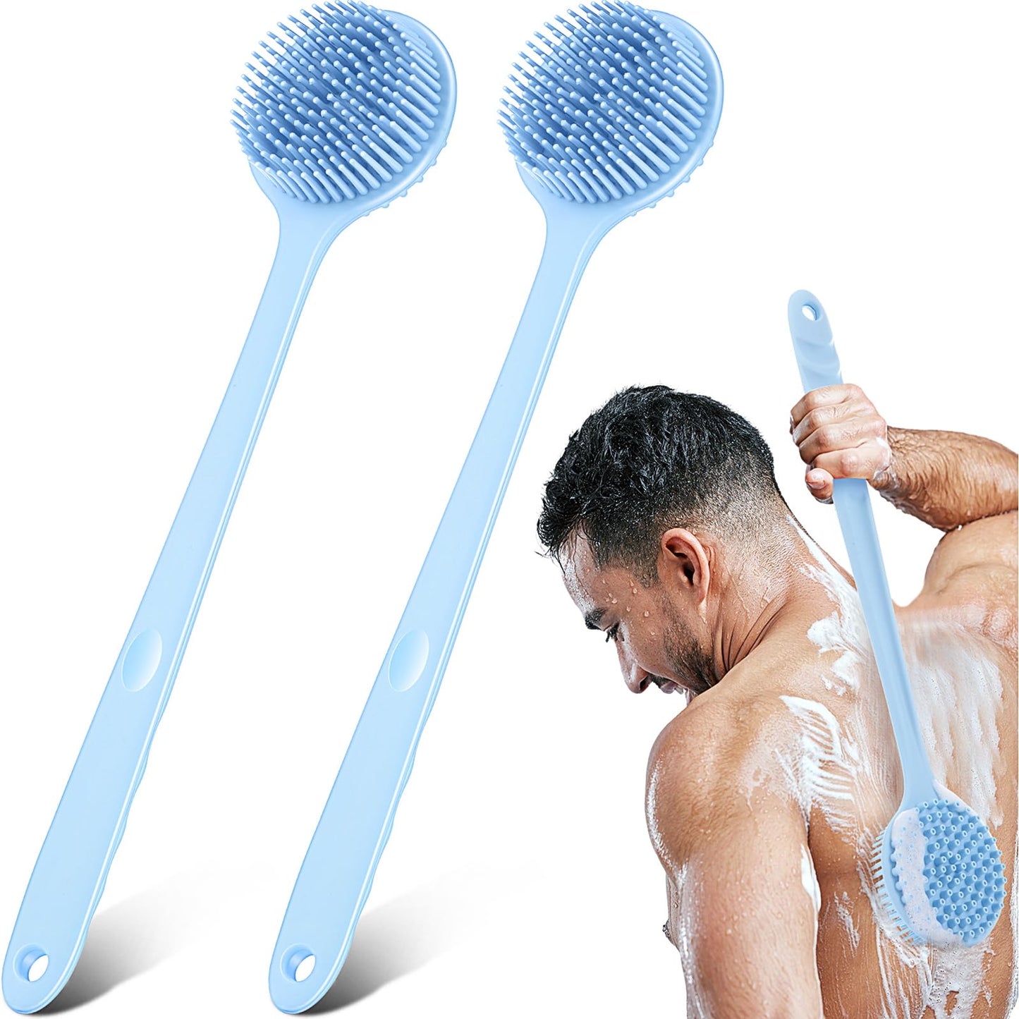Sunnyray 2 Pack Silicone Back Scrubber for Shower with 15" Long Handle Double-Sided Bath Body Brush for Exfoliating Easy to Clean Quick Dry Deep Cleaning Lathers Well(Nordic Blue)