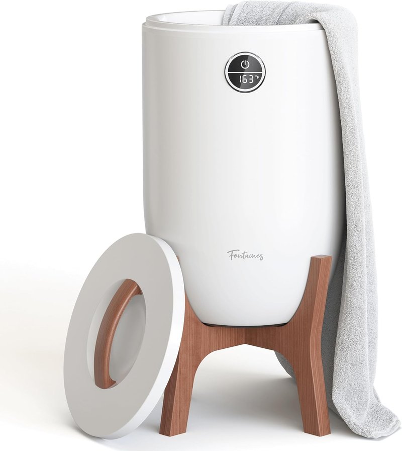 Fontaines Luxury Towel Warmer - Large Heated Thermal Bucket with Wood Handle | Safe Auto Shut Off, Fits Two Oversized Towels (40x70) - White