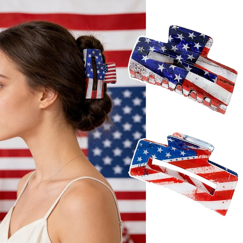 Skiennix 4th of July Hair Claw Clips - Patriotic American Flag Design | Strong Hold for All Hair Types