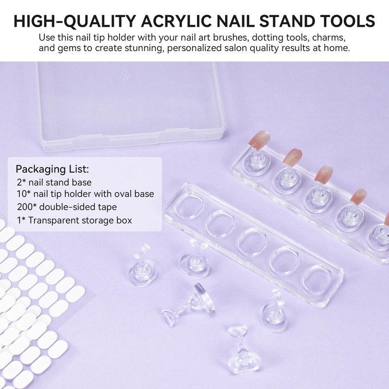 ESUOHYM Non Magnet Nail Stand for Press On Nails Holder Painting Practice Display Fake Nails, Nail Tip Holders with Oval Stand Base for Handheld Diy Design & 200pcs Double-Sided Tapes Home Salon