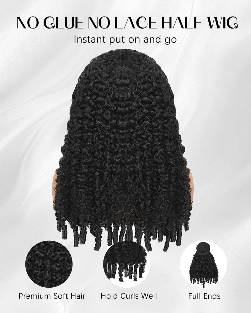 Pobokix Burmese Curly Half Wigs Human Hair Glueless Flip Over Half Wigs Wear Go Drawstring Wigs For Black Women Beginner Friendly No Glue No Sew 180% Density 26inch Natural Black