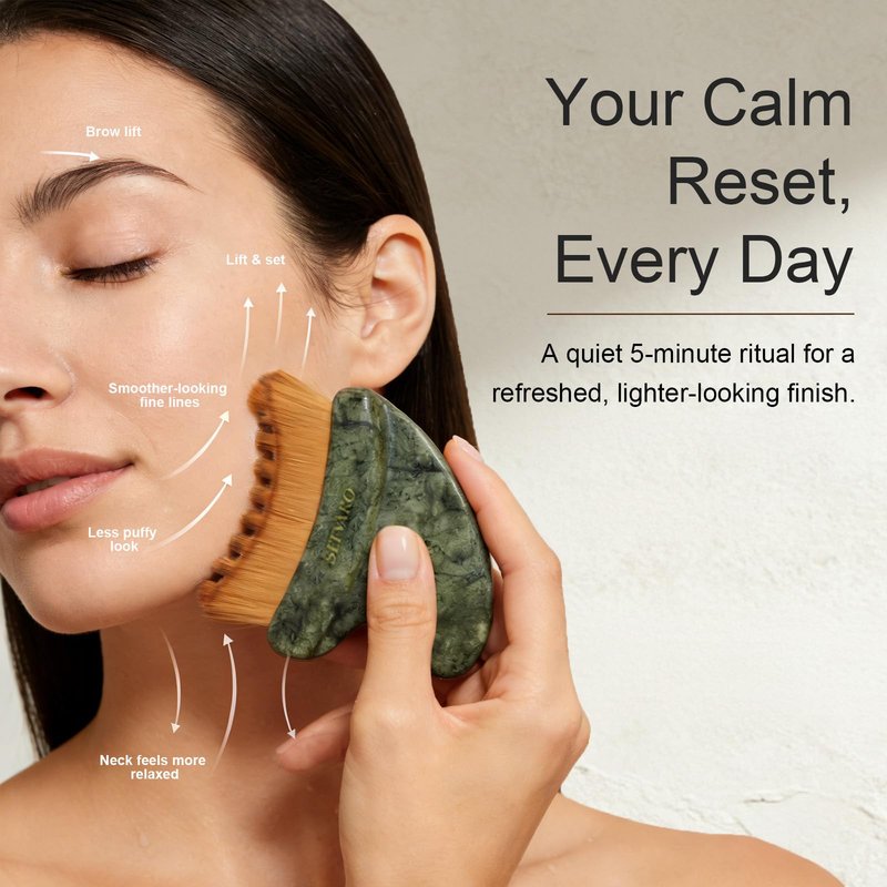 SEFVAKO Lymphatic Contour Face Brush, Dual-Ended Dry Brush + Cool-Touch Jade Gua Sha Edge, 0.075mm Ultra-Soft Bristles Gua Sha Facial Tools, for Lymphatic Drainage, Less Puffy Look, Sculpt & Relax