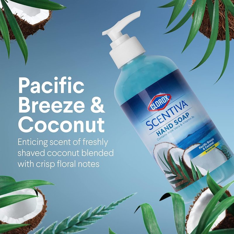 Clorox Scentiva Liquid Hand Soap - Pacific Breeze & Coconut Scent | Bleach-Free, Aloe Vera, 14 Fl Oz - 2 Pack
