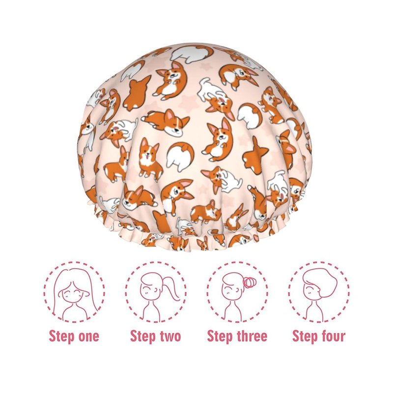 Funny Corgis Dog Reusable Shower Cap for Women Double Layer Waterproof Bathing Shower Hats Hair Protector Adjustable Elastic Band Spa Salon Bath Caps with PEVA Lining Fits all Hair Lengths
