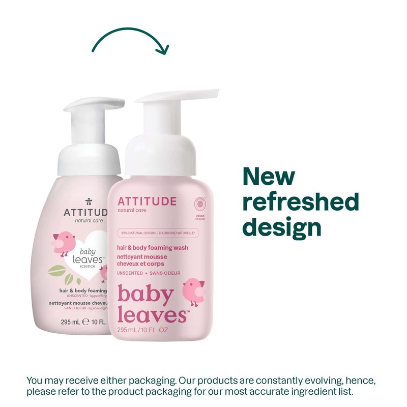 ATTITUDE 2-in-1 Hair and Body Foaming Baby Wash, EWG Verified Shampoo Soap, Dermatologically Tested, Made with Naturally Derived Ingredients, Vegan, Unscented, 10 Fl Oz