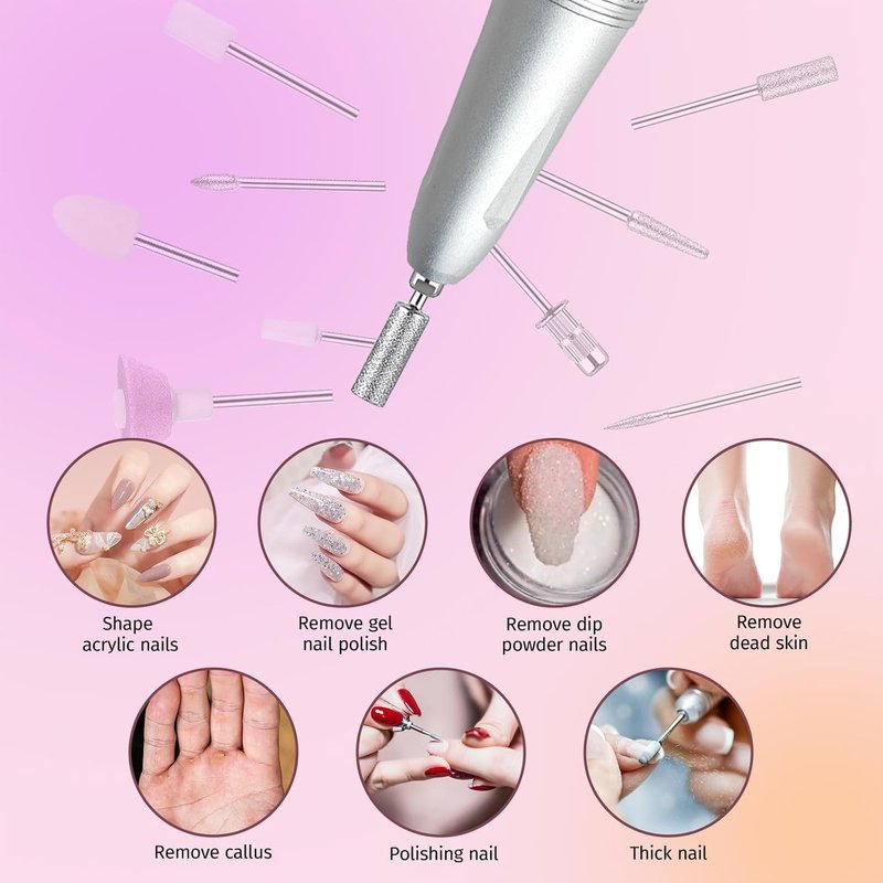 Electric Nail Drill - 35000RPM Cordless Pink Nail File for Acrylic & Gel Polish | Portable Rechargeable Manicure Kit