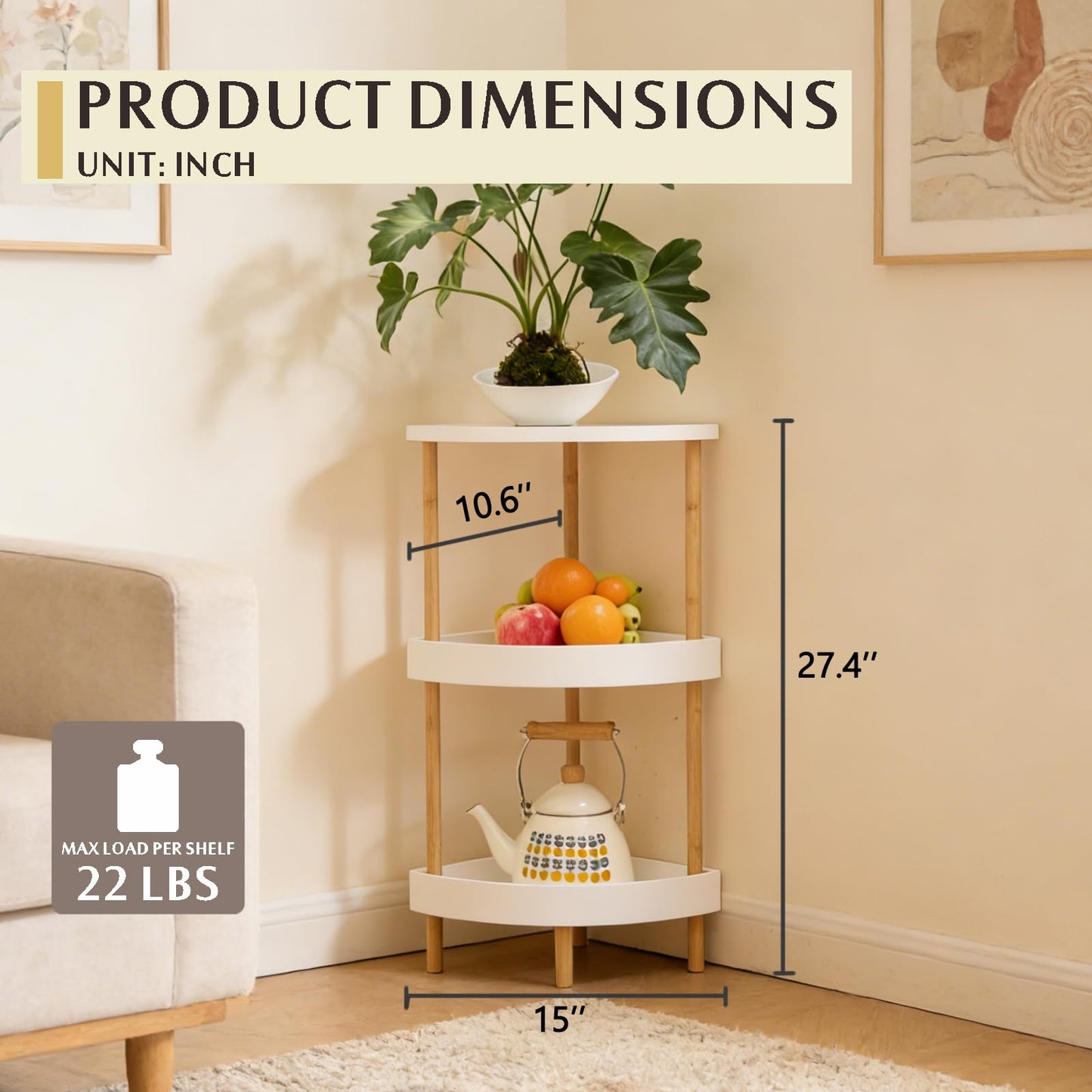 WSLUKVII 3-Tier Bamboo Corner Shelf - No Screws, Twist & Lock Assembly in 5 Mins, 5-Layer Lacquer Finish, Sturdy & Anti-Tip Design for Kitchen, Bathroom, Living Room, Easy to Clean