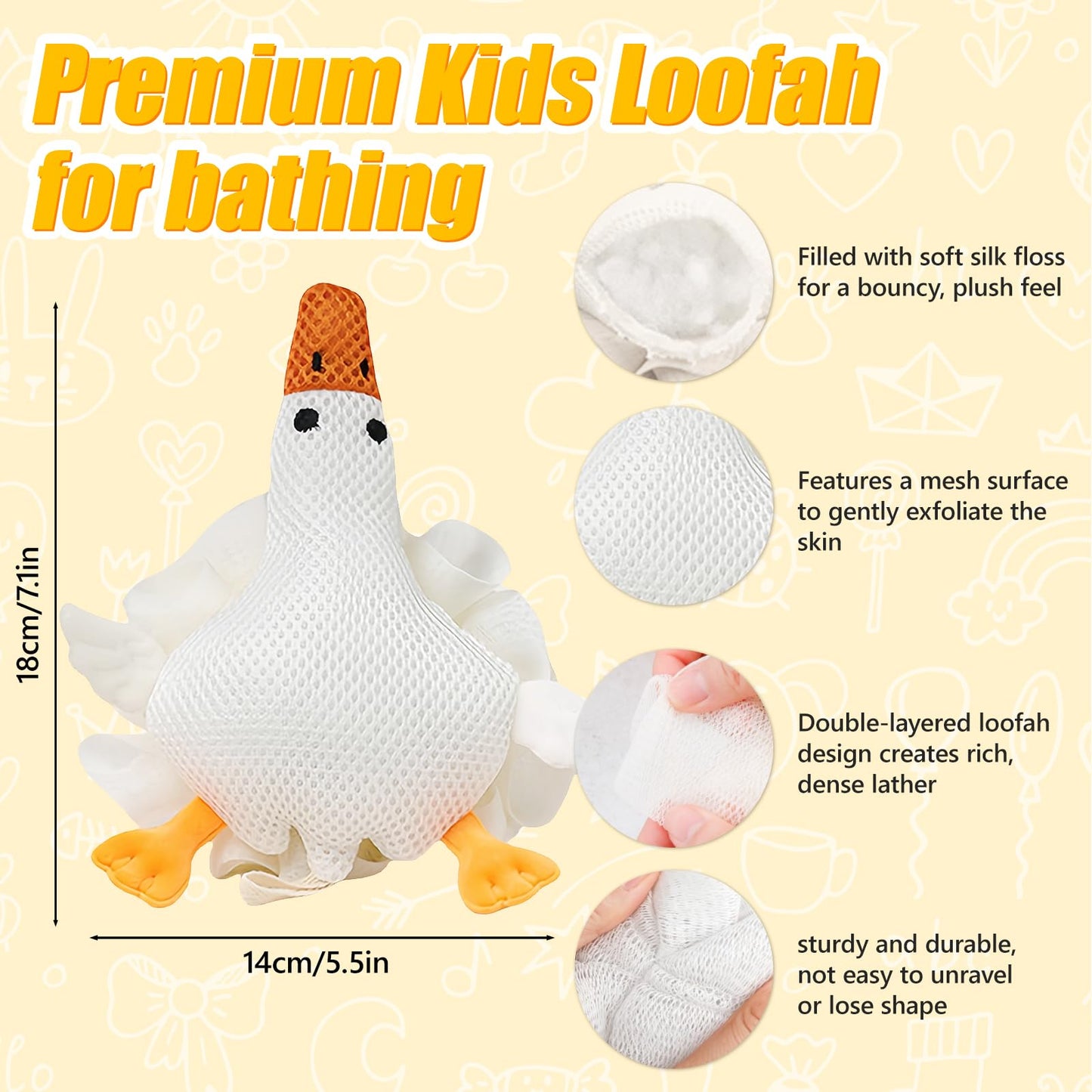 Kids Loofah, Cute Cartoon Animal Kids Bath Sponge with Hanging Rope, Soft Double Mesh for Rich Lather