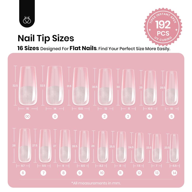 Beetles Tipex Instant Apex Nail Tips, Long Square, 16 Sizes |00–14, 192pcs, Built-In Apex, No Builder Gel Required, Thicker Strong Acrylic Tips for DIY Nail Extensions