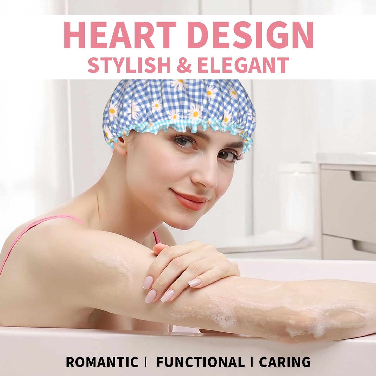 Kwlegh Blue Checkered Shower Caps for Women Daisy Flower Double Waterproof Layers Bath Hat Elastic Reusable Hair Cap for Shower Cooking Clean Makeup