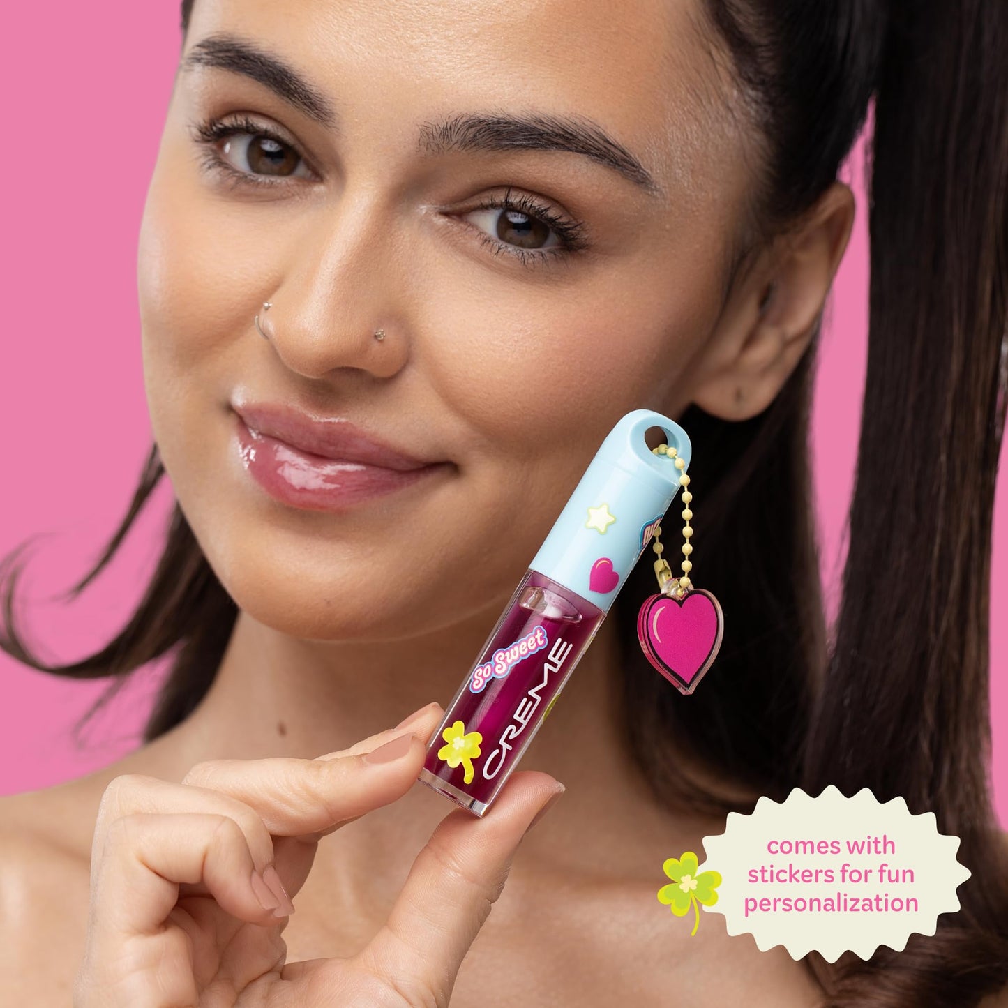 The Crème Shop Candy Glaze Tinted Lip Oil with Key Chain and Charm, Gloss Finish, Long Wear, Formulated with Jojoba Oil, Sunflower Oil to Hydrate and Plump Lips, Korean Formula (Berry Crush)