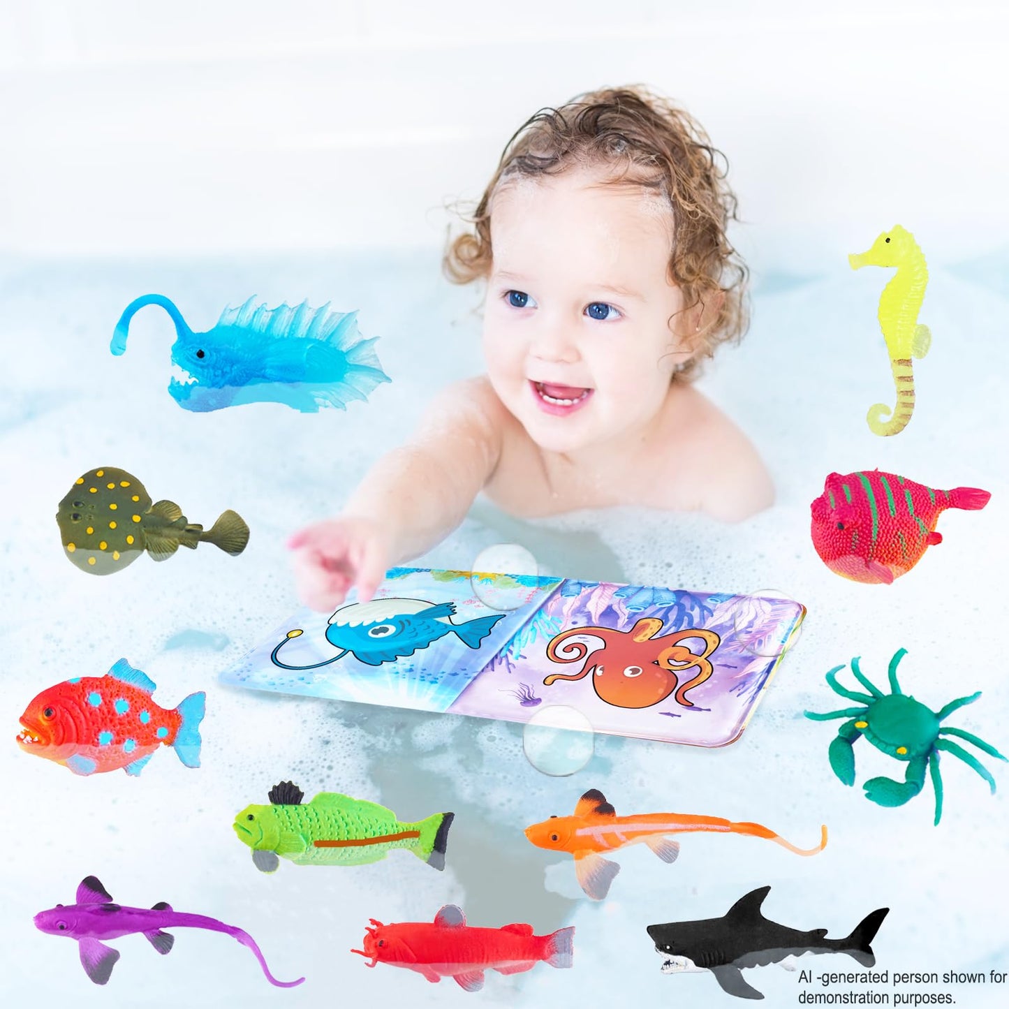 Color Changing No Hole Bath Toys for Kids Toddlers, Color Change Water Table Bathtub Toys Sea Creatures Rubber Fish for Kids & 2 Glow in The Dark Ocean Animal with Bath Book