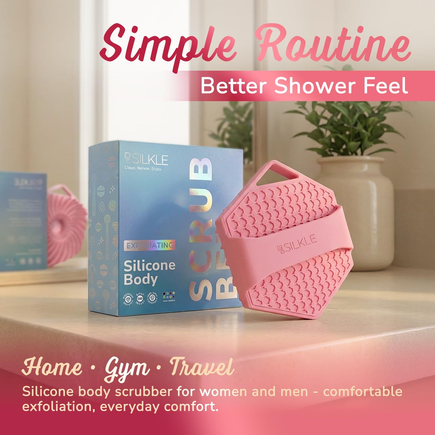 SILKLE Silicone Body Scrubber – Gentle Exfoliating Shower Scrubber for Body & Bath, Silicone Shower Brush & Loofah Alternative – Non-Slip Silicone Body Brush, Quick Dry, Hygienic - Pink