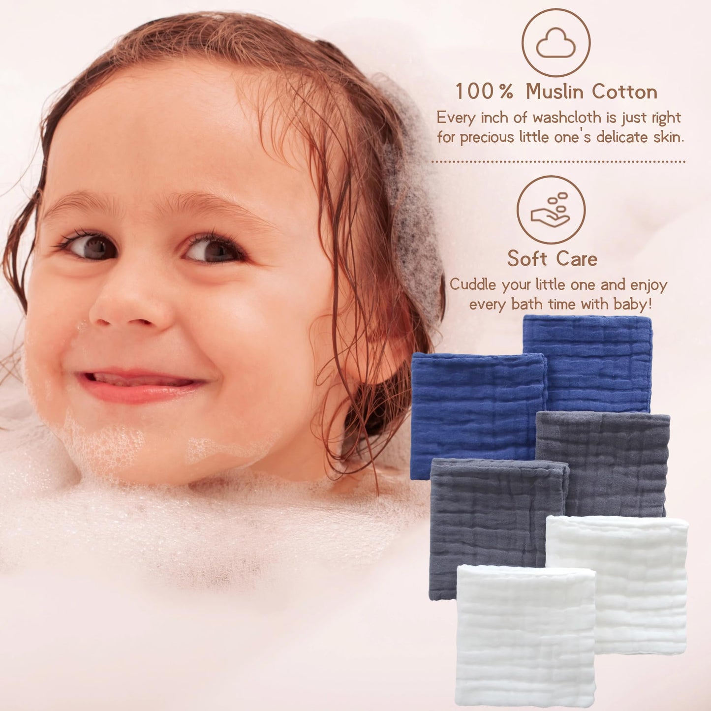 MUKIN Small Baby Washcloths, Soft Face Cloths, Newborn Absorbent Bath Wipes, Burp Cloths or Muslin Cotton Towels, Pack of 6, 12x12 inches (White,Dark Gray,Royal Blue)