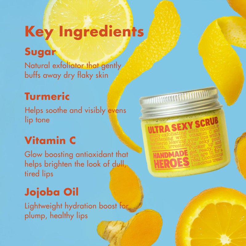 Handmade Heroes Turmeric Lip Scrub with Vitamin C – 100% Natural Vegan Exfoliant To Smooth Dark Dry Chapped & Smokers Lips – Deep Conditioning Sugar Polish Exfoliator Scrubber 1oz