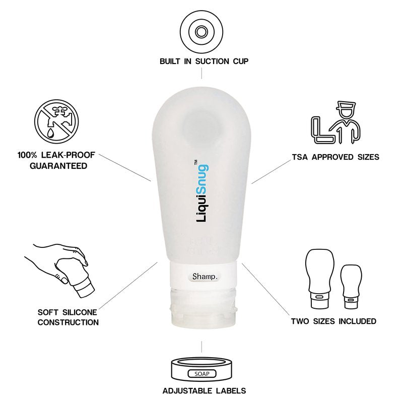 LiquiSnugs Premium - 100% Guaranteed Leak Proof Silicone Travel Bottles For Toiletries - TSA Approved Container. Premium Range Travel Shampoo Bottles with Suction Cups and Adjustable Labels