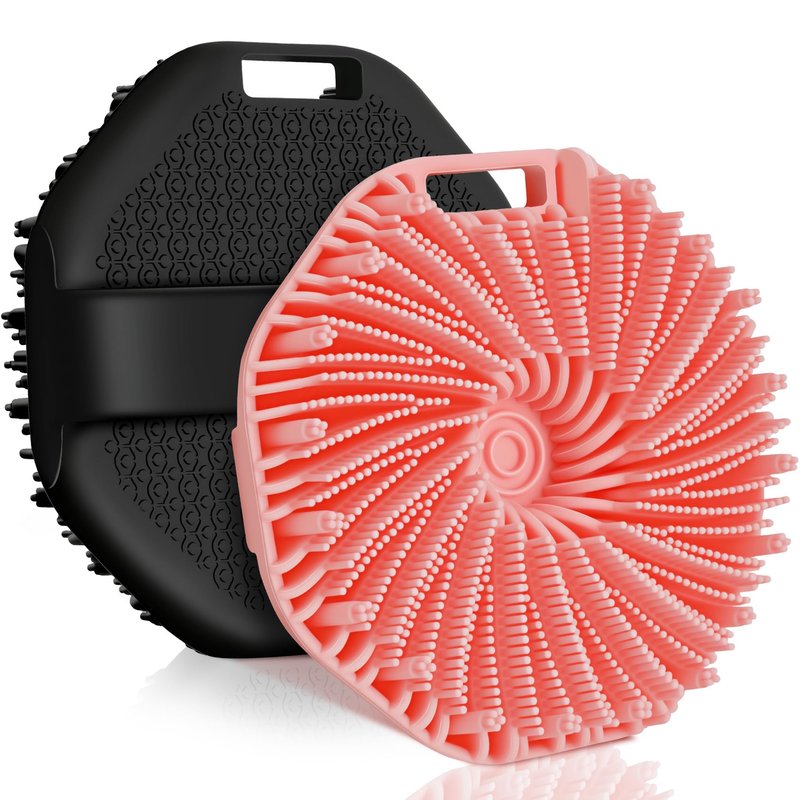 Silicone Body Scrubber, 2 PCS Exfoliating Body Scrubber, Silicone Loofah Bath Brush with Hand Strap, No-Slip Handheld Body Wash Brush Scrubber Shower Cleaning for All Skin Types(Black & Pink)