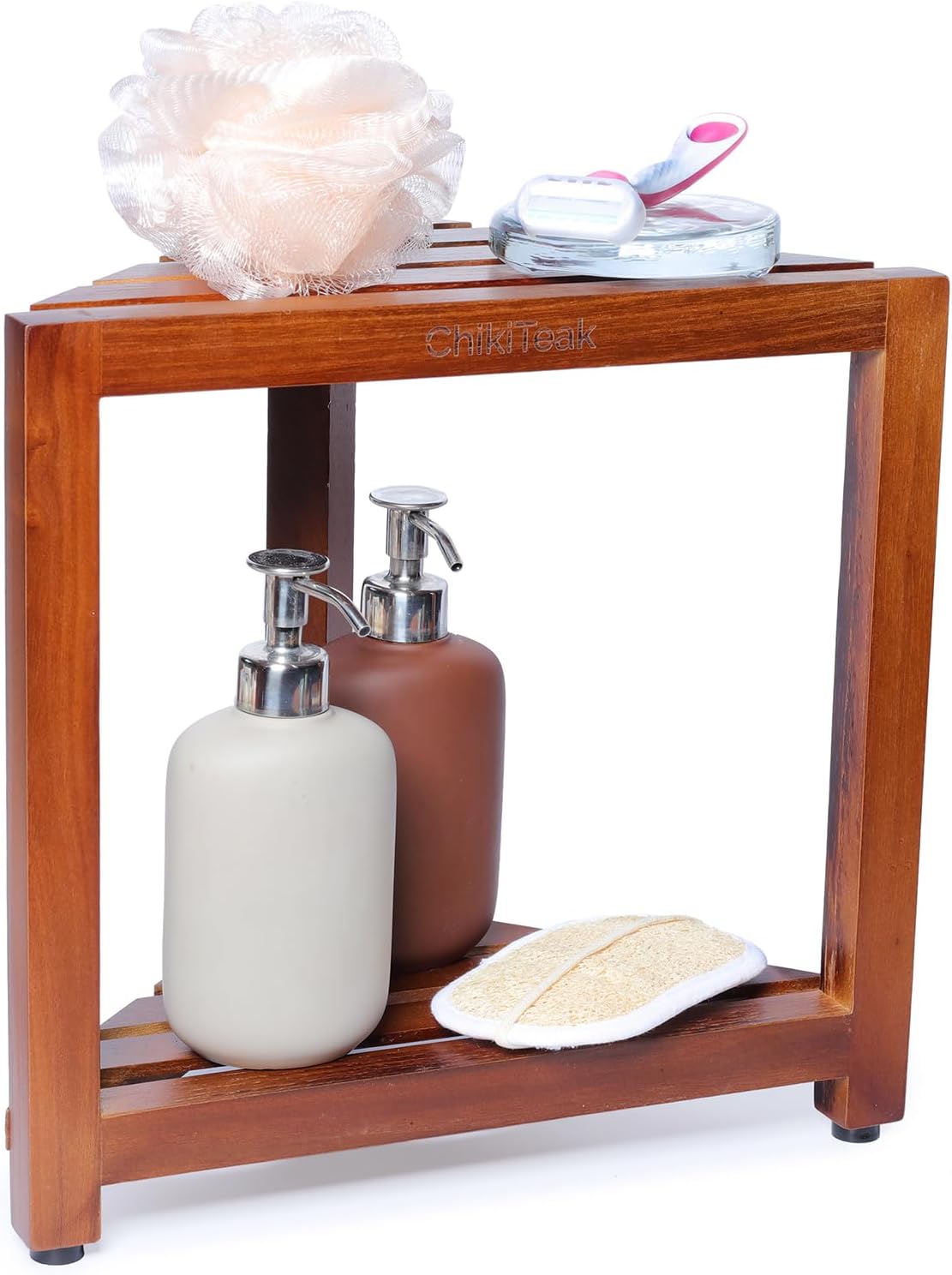 Teak Corner Shower Stool - Waterproof & Stable Shower Bench with Storage Shelf | 12” Height