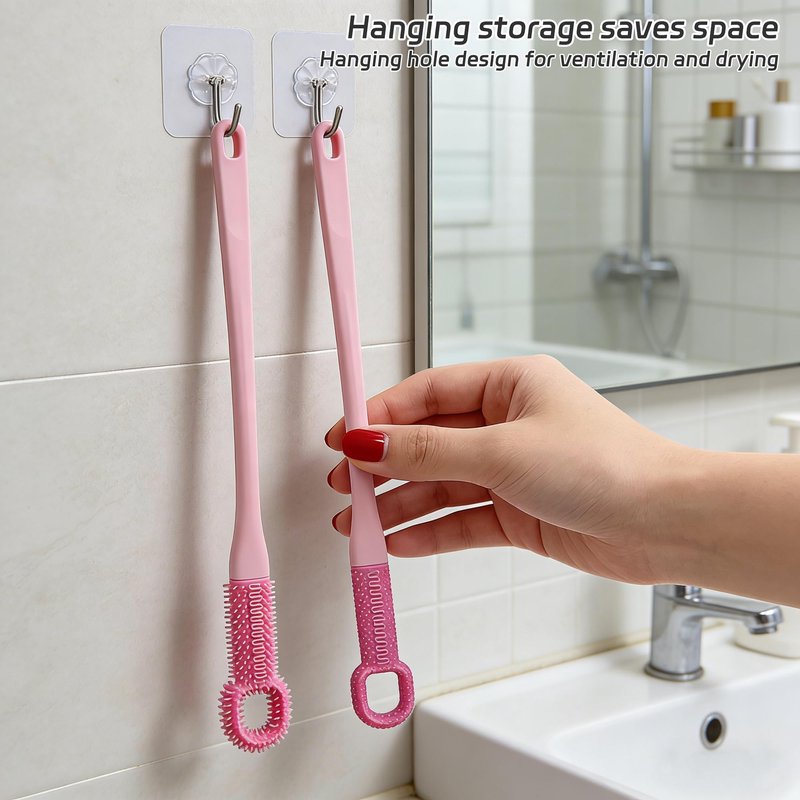 Odetina Long Handle Toe Cleaning Brush for Shower, Soft Rubber Toe Cleaner Between Toes, Exfoliating Foot Scrubber Foot Brush for Seniors, Men, Women - 1 Set (Pink)