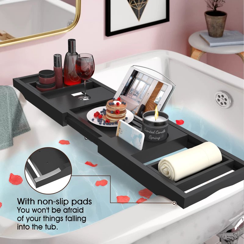 Artmalle Bathtub Caddy Tray - Expandable and Foldable Bath Tray for Tub, Luxury Bamboo Bath Caddy Tub Table, Bathtub Accessories with Book Holder and Free Soap Dish, Black