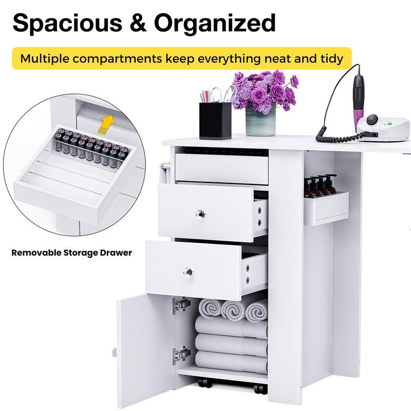 Foldable Nail Table with Dust Collector, Manicure Desk for Nail Tech, with LED Lamp, Wrist Rest, Rolling Nail Table for Salon, Home Beauty Workstation, Compact Nail Station with Storage (White)