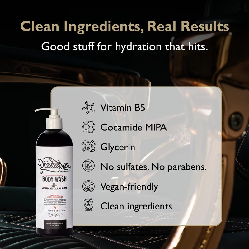 DandyMen Men's Body Wash - Obsidian Cardamom - Deep Cleansing Shower Gel with Vitamin B5 - Hydrating Daily Wash, 16 oz, 1-Pack