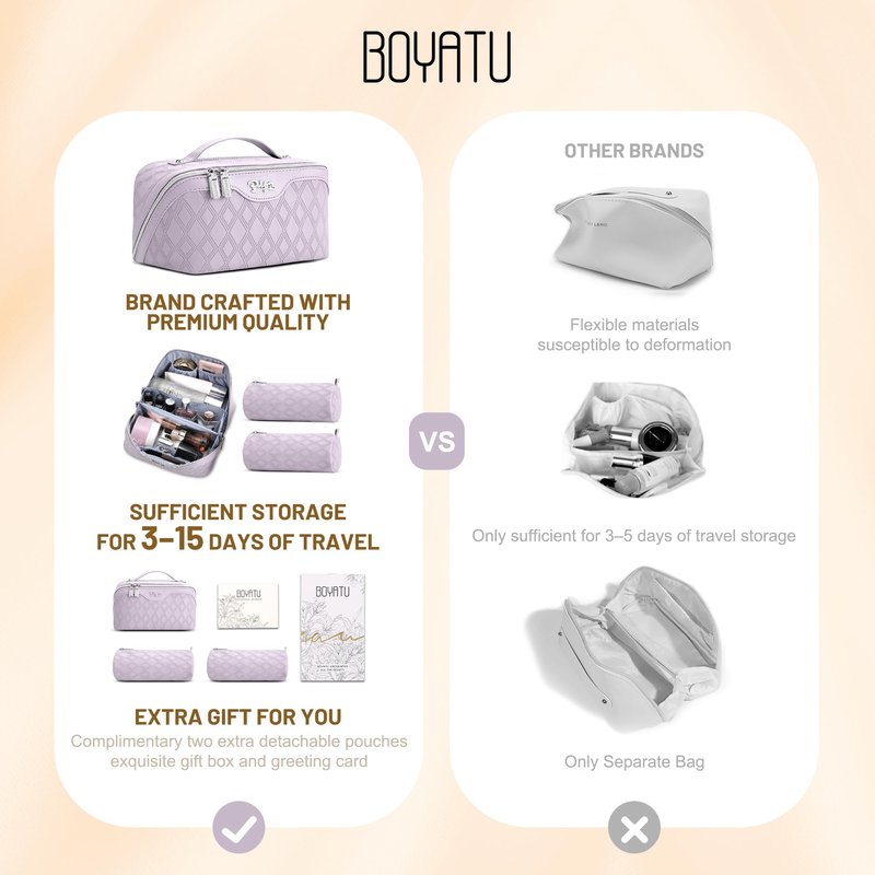 BOYATU Travel Makeup Bag for Women: Large Capacity 3-Piece Quilted Cosmetic & Toiletry Organizer - 2 Detachable Pouches Expand Storage by 50%, Open Flat for Easy Packing, Waterproof PU Leather(Purple)