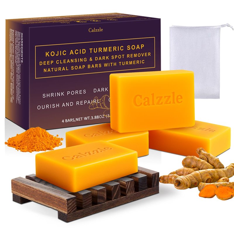 Calzzle Kojic Acid Soap 4PCS, Dark Spot Remover & Brightening with Turmeric, Vitamin C & Retinol, Moisturizing with Collagen & Shea Butter, Gentle for Face and Body, With Soap Holder & Net, 110g Each