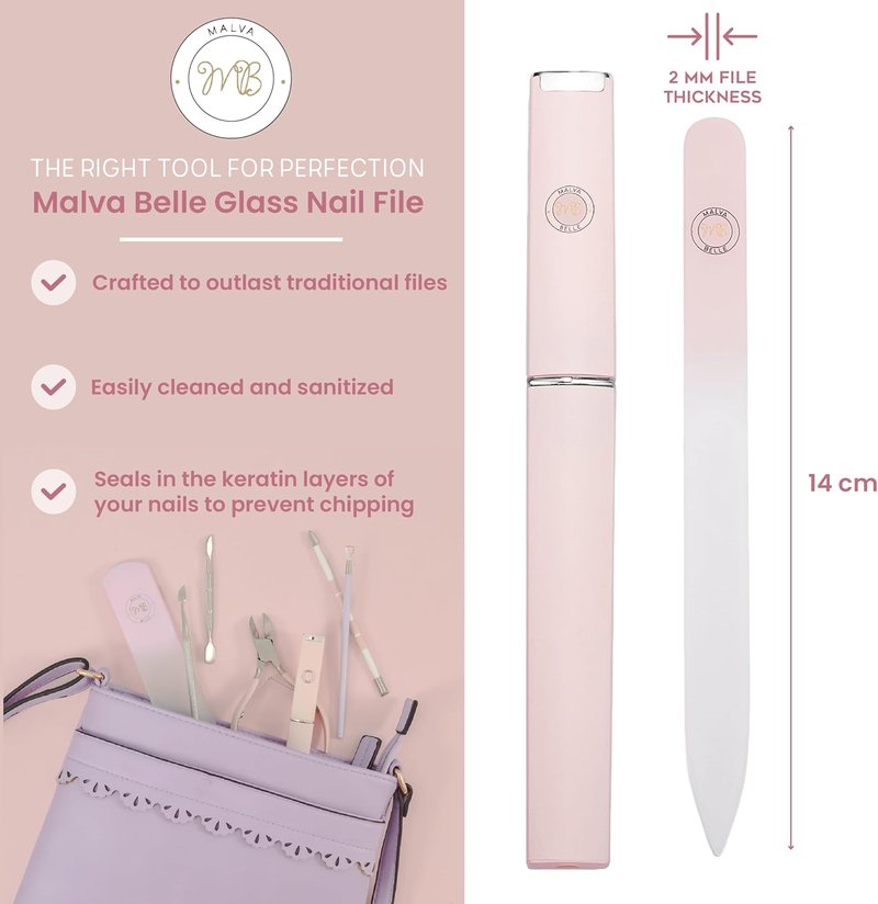Crystal Glass Nail File for Women - Reusable Czech Glass Nail Shaper with Travel Case | Pastel Pink (2mm)