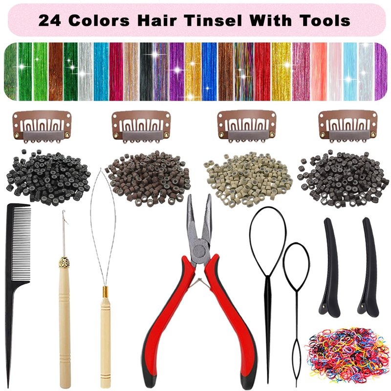 Hair Tinsel Kit - 24 Colors, 9800 Strands, 48 Inch Glitter Hair Extensions | Festive Party Accessories for Women & Girls