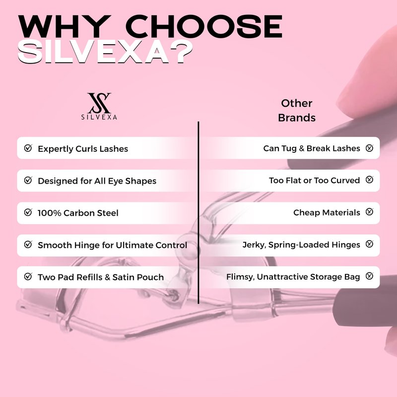 SILVEXA Eyelash Curler with Comfort Grip – Professional Stainless Steel Lash Curler with Soft Silicone Pads | No-Pinch, Long-Lasting Curl for All Eye Shapes | Ergonomic Handle Makeup Tool (Black)