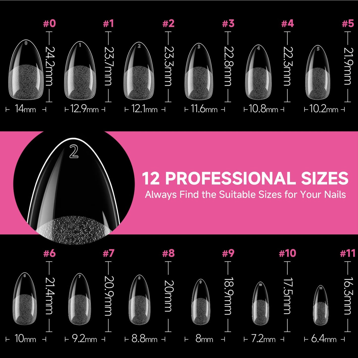 UNA GELLA Medium Almond Nail Tips, 312pcs Gel Nail Tips Almond Shape, Pre Etched Full Cover Clear Fake Acrylic Pointed Press On Nails No C Curve for Nails Extension Art DIY Salon 12 Sizes